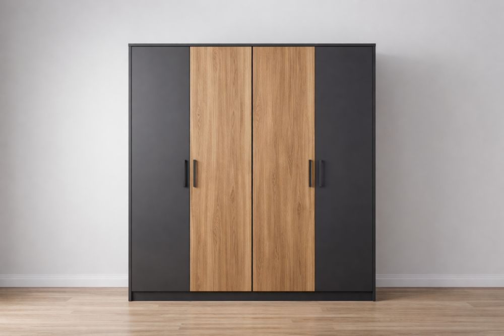 Kleiderschrank aus MDF mit Eichenoptik und Schwarzer Oberfläche, 4-Türer, 200x180x60 cm(H × B × T)