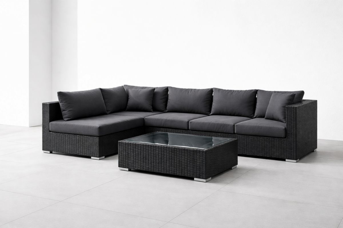 Rattan Ecksofa Set mit Glas Couchtisch Schwarz 5-Sitzer