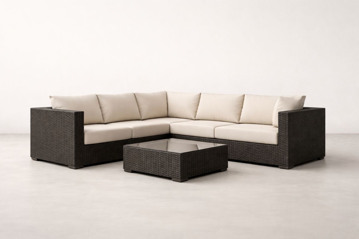 Ecksofa-Set aus Rattan mit Glastisch Creme