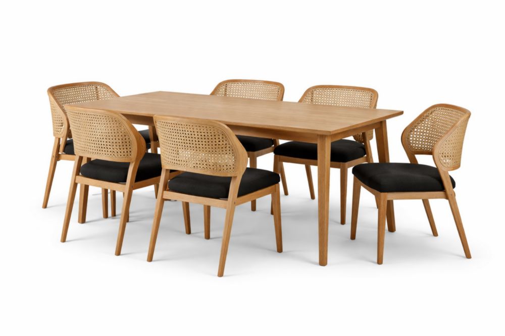 Esszimmertisch mit 6 Stühlen aus Eiche und schwarzem Polyesterpolster