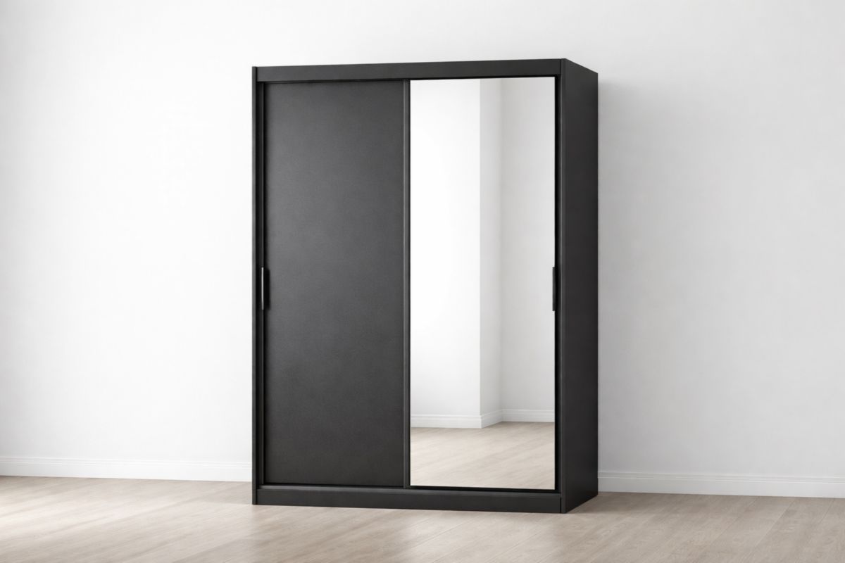 Schwarzer Kleiderschrank mit Spiegeltür und Schiebetür aus MDF 200x150x60cm(H × B × T)