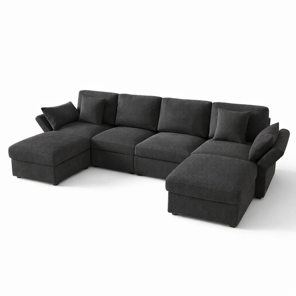 Modulares U-förmiges Ecksofa mit verstellbaren Armlehnen und Cordstoff, 4-Sitzer, Grau