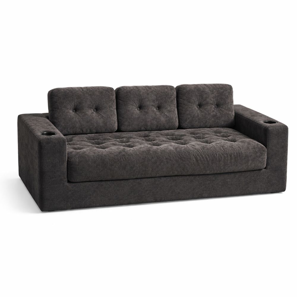 Gemütliches 3-Sitzer Sofa mit Kissen und Getränkehaltern, Rücklehne, Grau