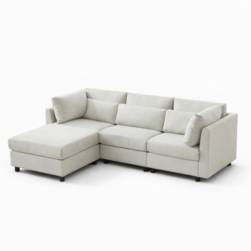 Gemütliches Ecksofa mit Chaiselongue und Fußstütze, 3-Sitzer, Beige
