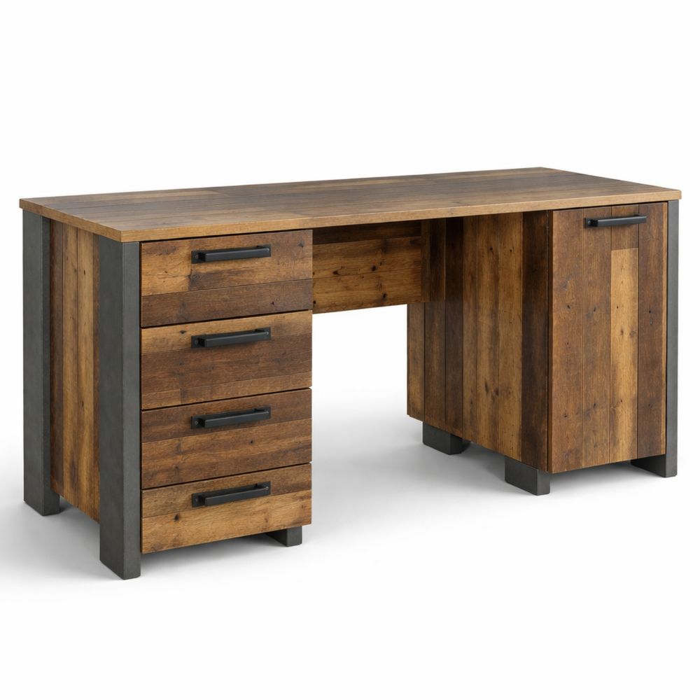 Moderner Schreibtisch mit Schubladen und Tür, Holz- und Betondekor, 155 cm breit