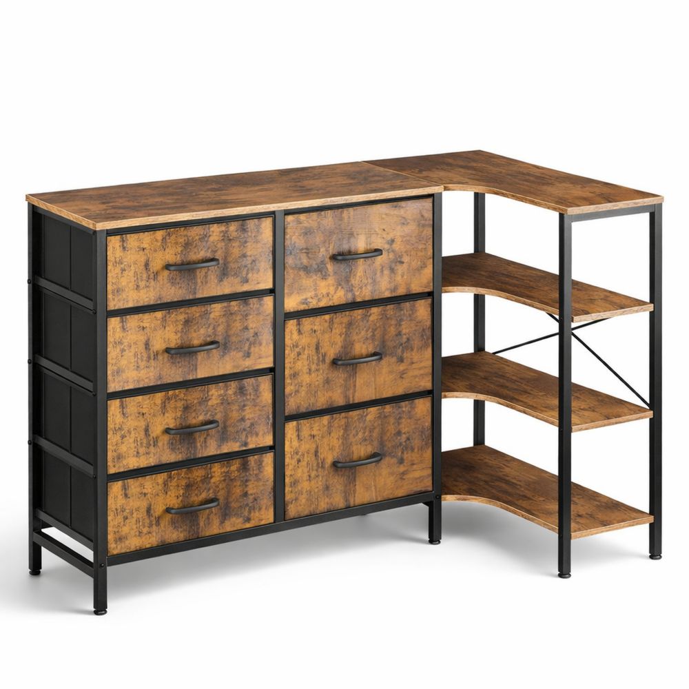 Eckkommode mit 7 Schubladen und LED-Beleuchtung, USB- und AC-Anschlüsse, 3-stufiger Ablagetisch, Vintage-Design