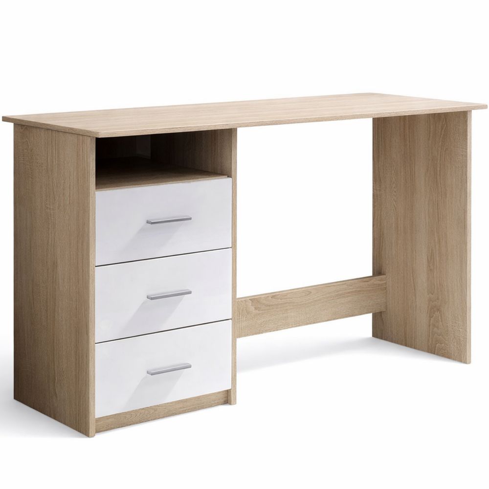 Schreibtisch mit Schubladen, Eiche Sonoma Optik, Weiß - Funktionaler Arbeitstisch mit großer Fläche