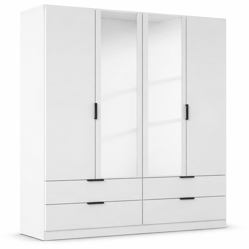 4-türiger Kleiderschrank mit Spiegel und Schubladen, weiß, 181 cm