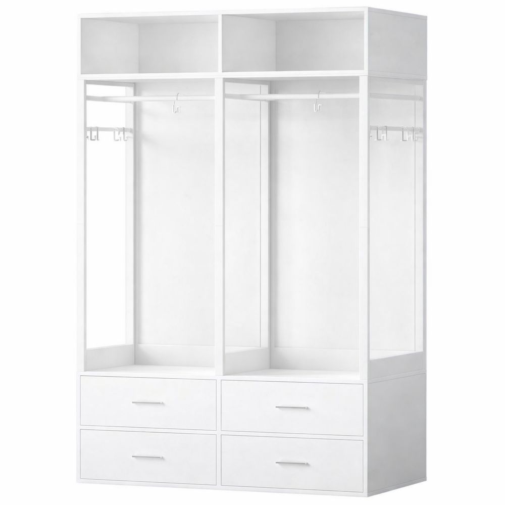 Moderner Kleiderschrank mit Offenen Regalen und Holzschubladen, 100 x 43 x 185 cm, Weiß