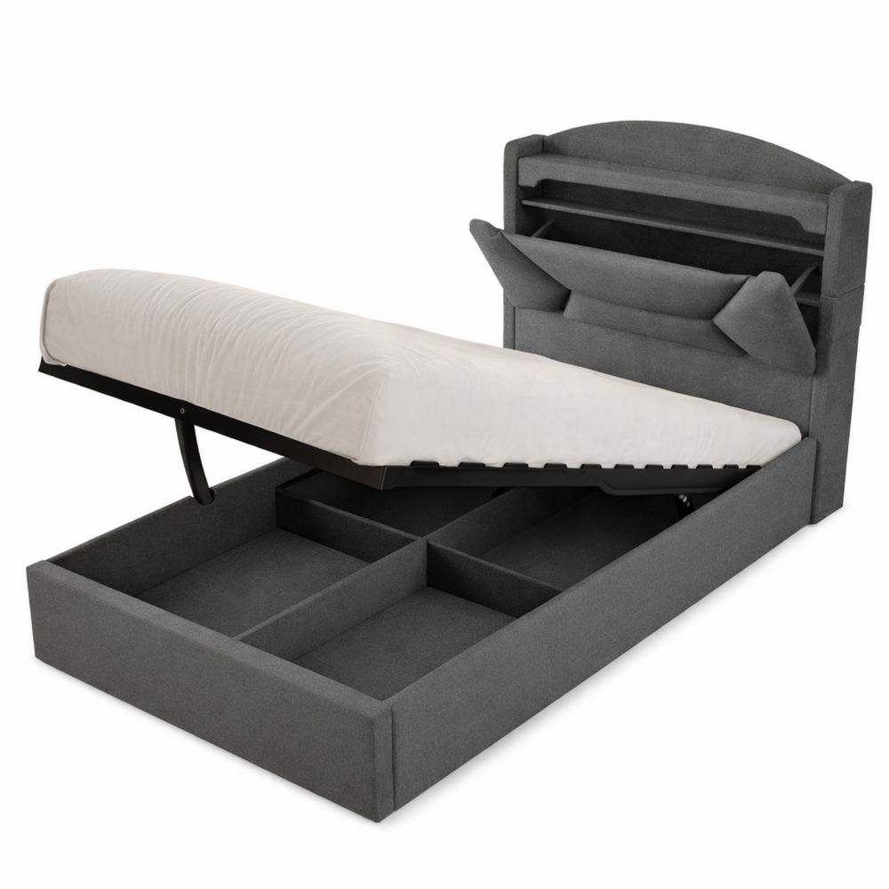 Einzelbett 90x200 cm mit LED und Stauraum, Kinderbett in Grau