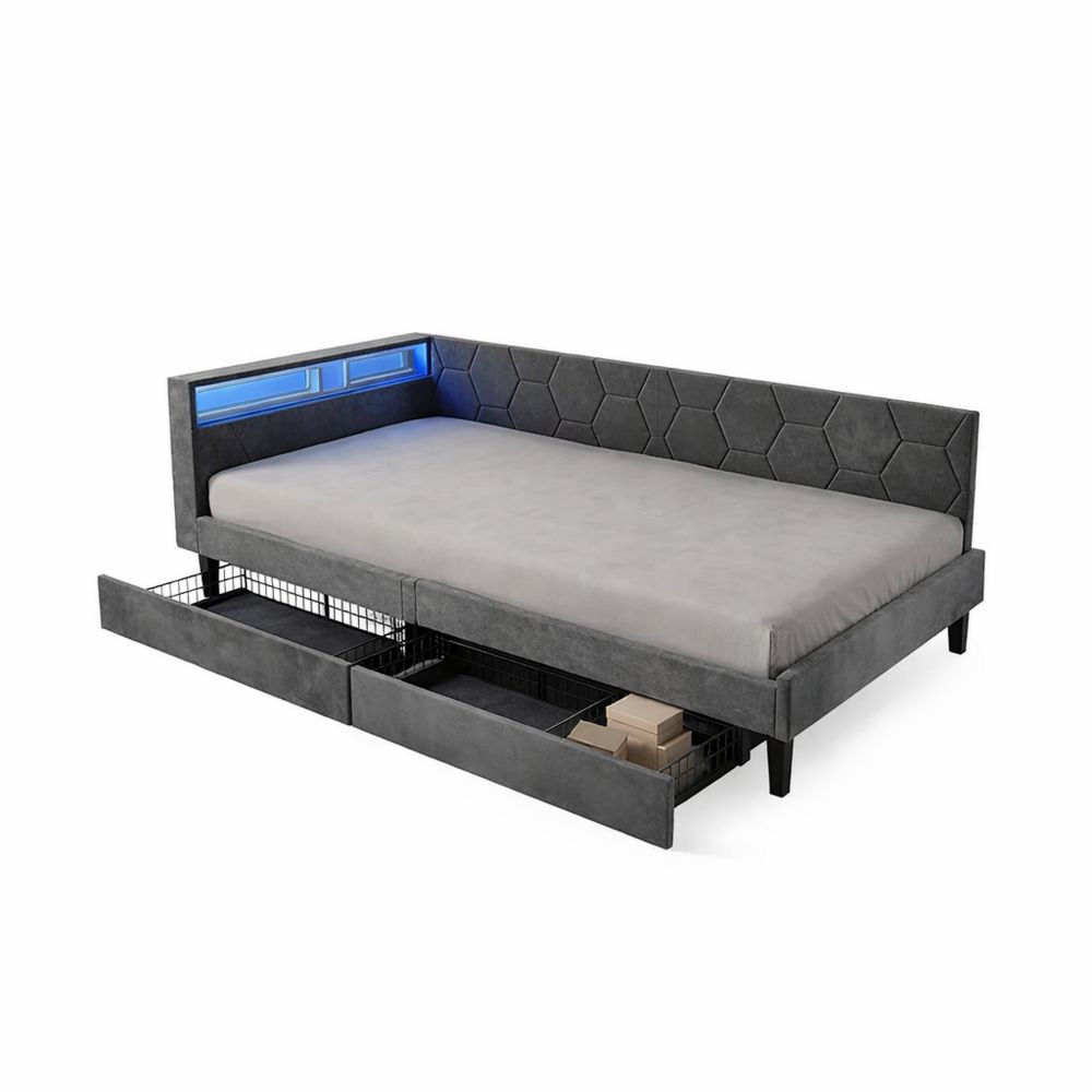 Einzelbett 90x200 mit Stauraum und Schubladen, Grau