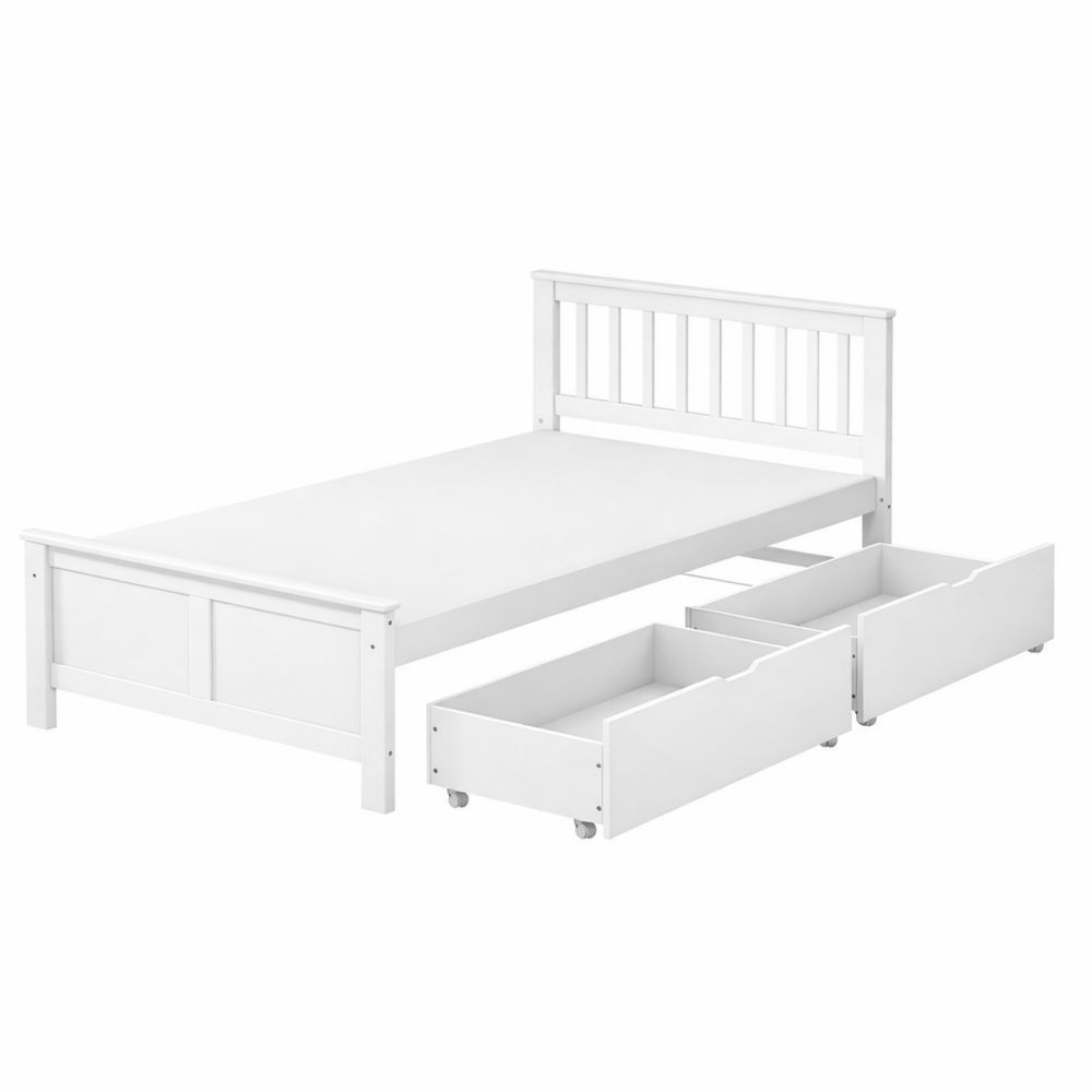 Holzbett mit Schubladen und Kopfteil, 90 x 200 cm, einfacher Stil, Weiß