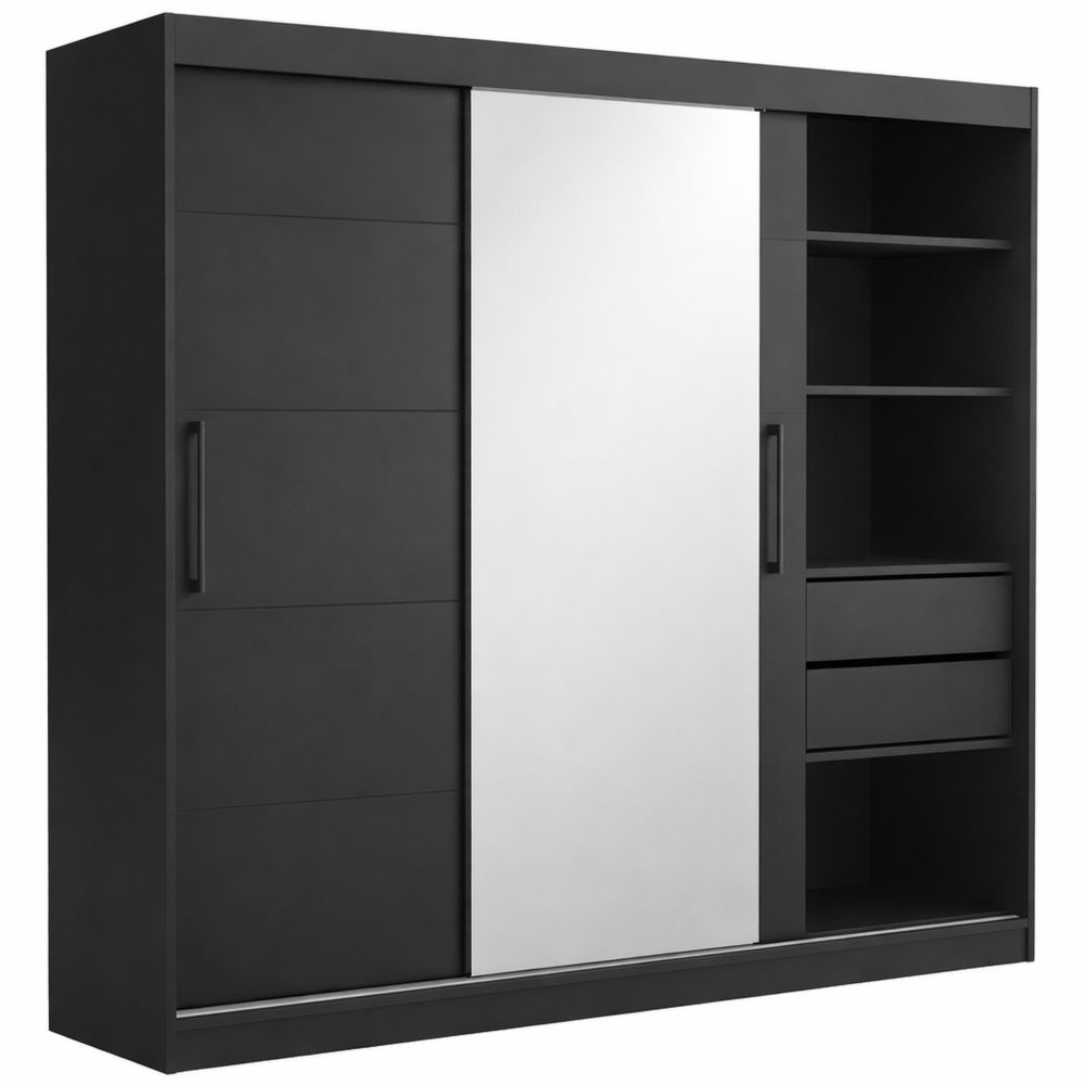 Moderner Kleiderschrank mit Spiegel und Schubladen, 200cm breit, schwarz