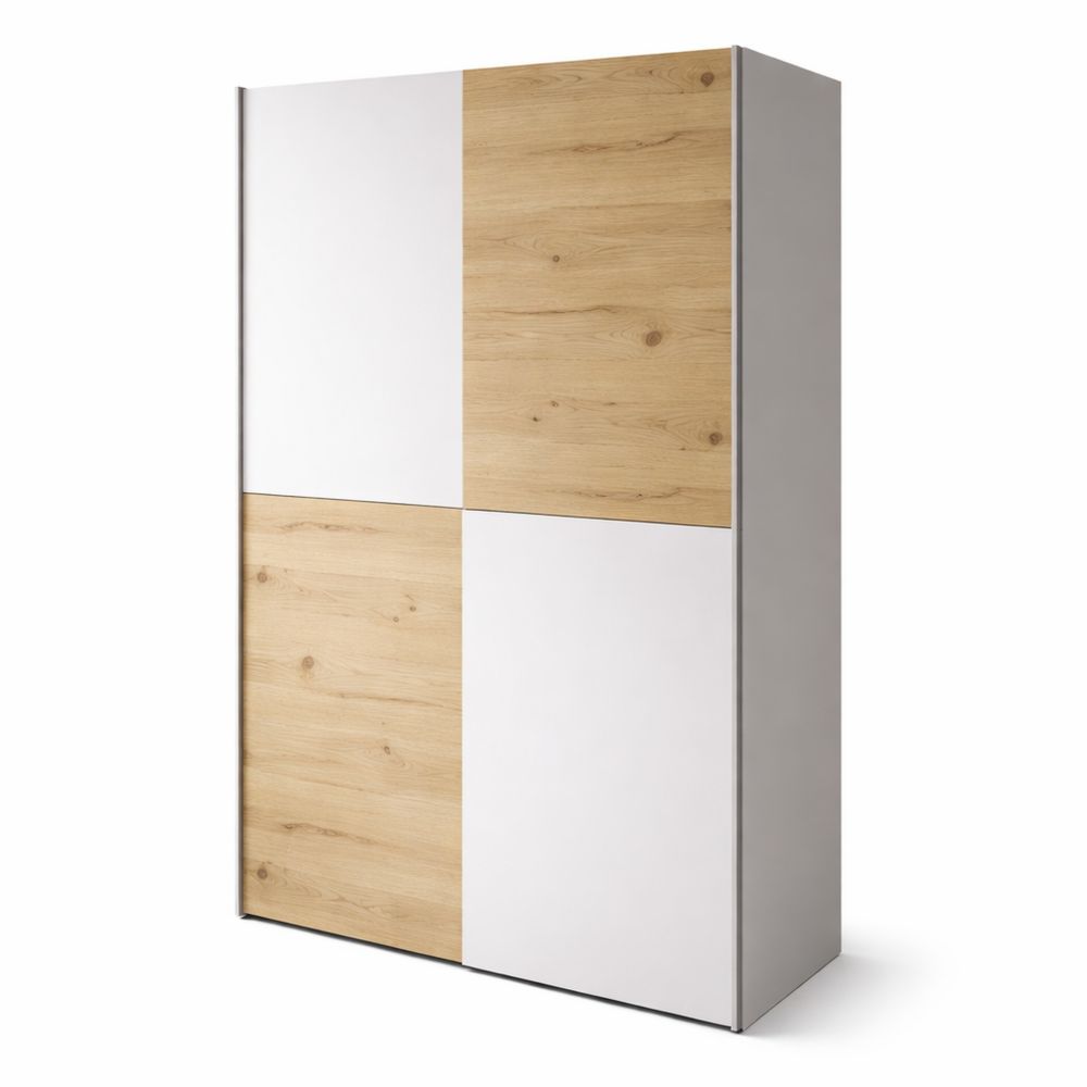 Moderner Schwebetürenschrank mit Schachbrettmuster, Eiche Dekor, Weiß, 120 cm Breite