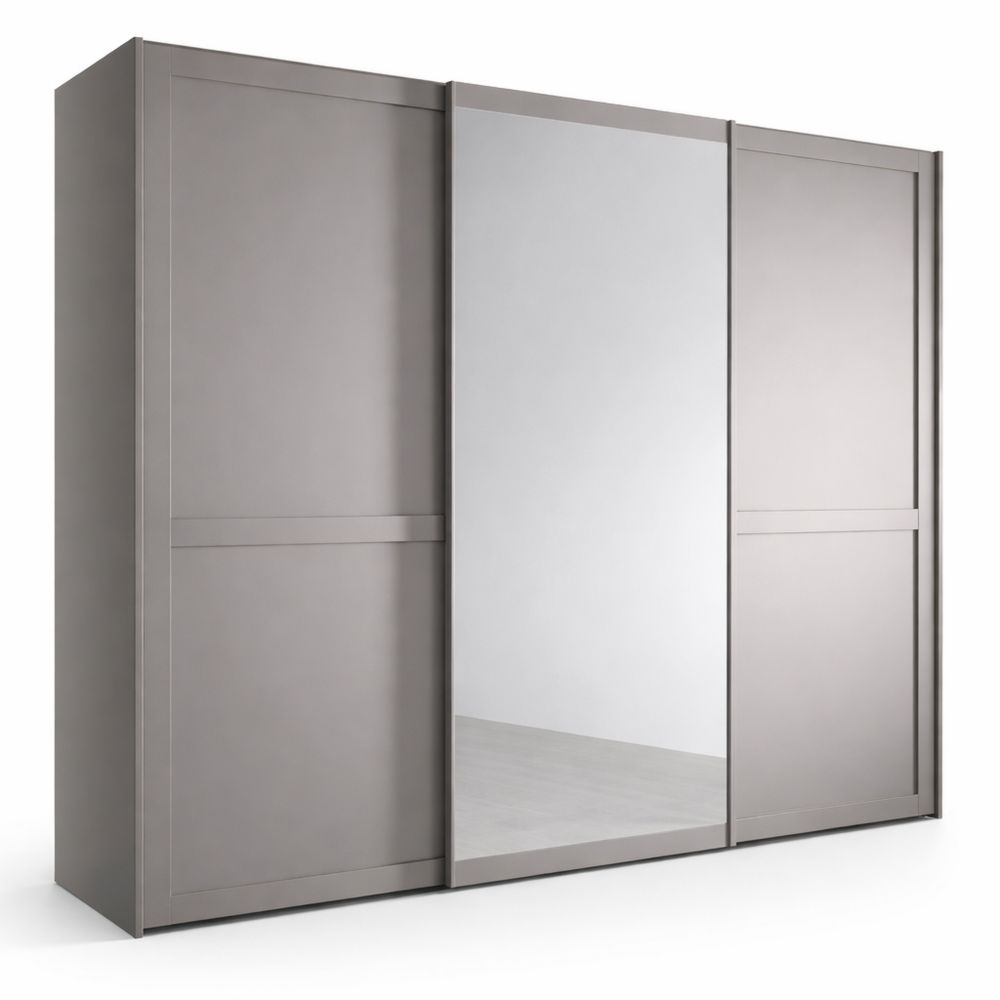 Geräumiger Schwebetürenschrank mit Spiegeltür, kieselgrau, 300 cm breit