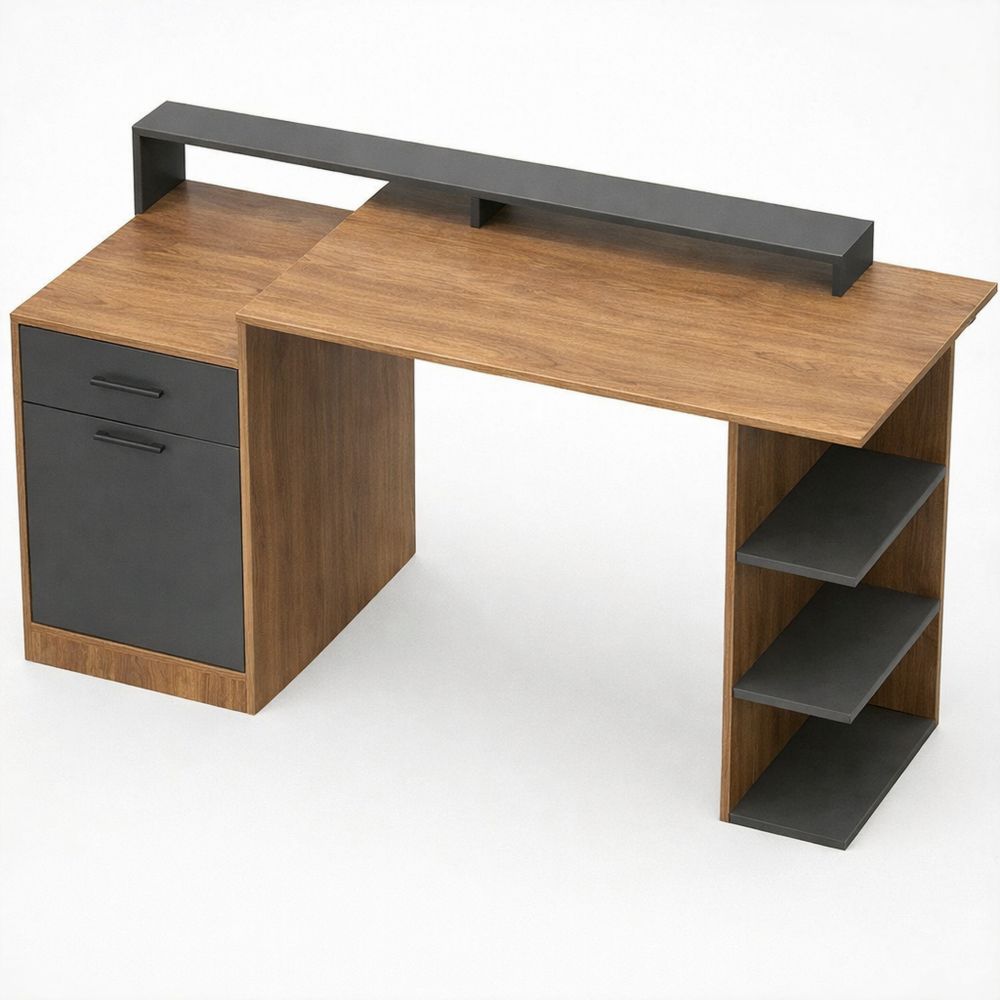 Moderner Schreibtisch mit Schubladen, Haken und Regalen für Büro und Zuhause