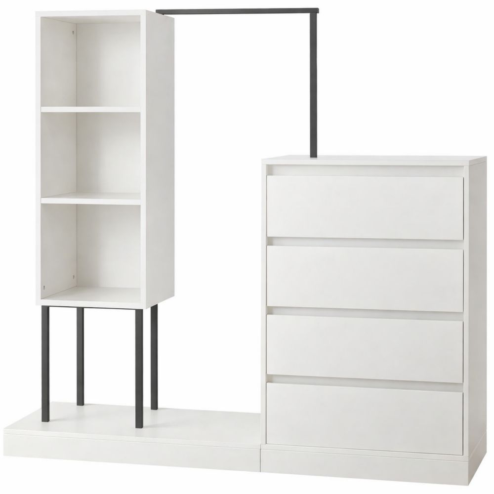 Mehrzweckschrank mit Schubladen und Kleiderstange, Weiß, 140x40x135 cm