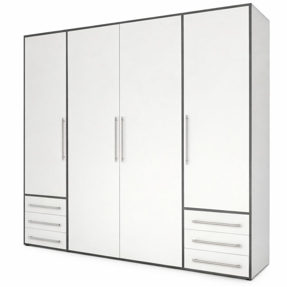Vielseitiger Kleiderschrank mit Schubladen, 4-türig, Weiß/Graphit, 206x194x58 cm