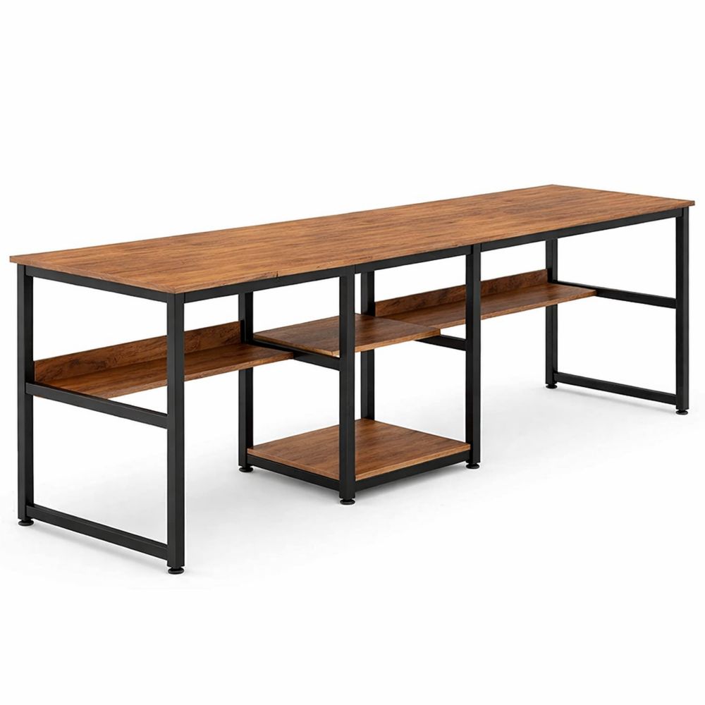 Großer Bürotisch mit Regalen, Arbeitsplatz für Zwei, rustikales Design, Vintagebraun-Schwarz