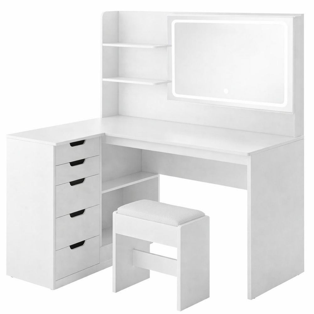 Kosmetiktisch mit LED-Spiegel und Steckdose, verstellbare Helligkeit, 5 Schubladen, 3 Farbvarianten, Weiß, 120x65x136cm
