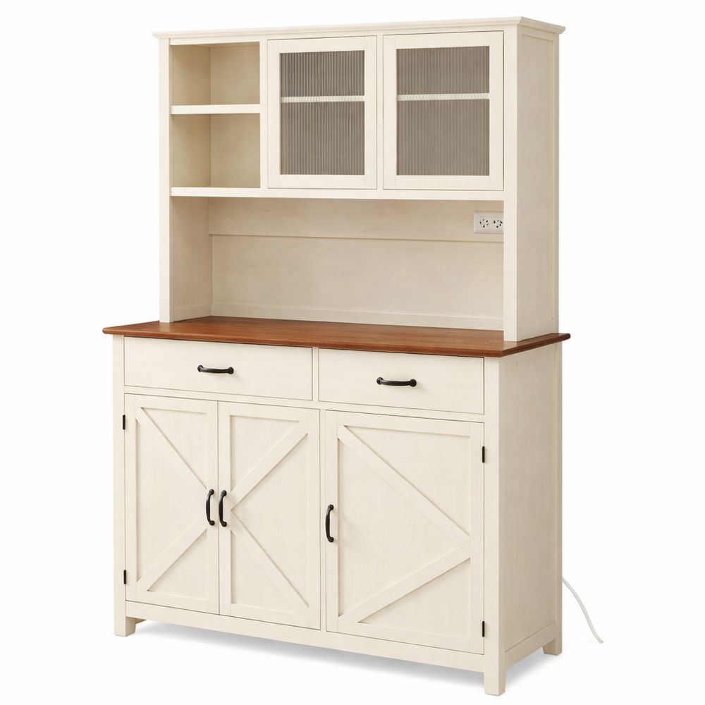 Sideboard mit Beleuchtung und Ladestation, Küchenschrank mit verstellbaren Ablagen, Landhausstil, vintageweiß