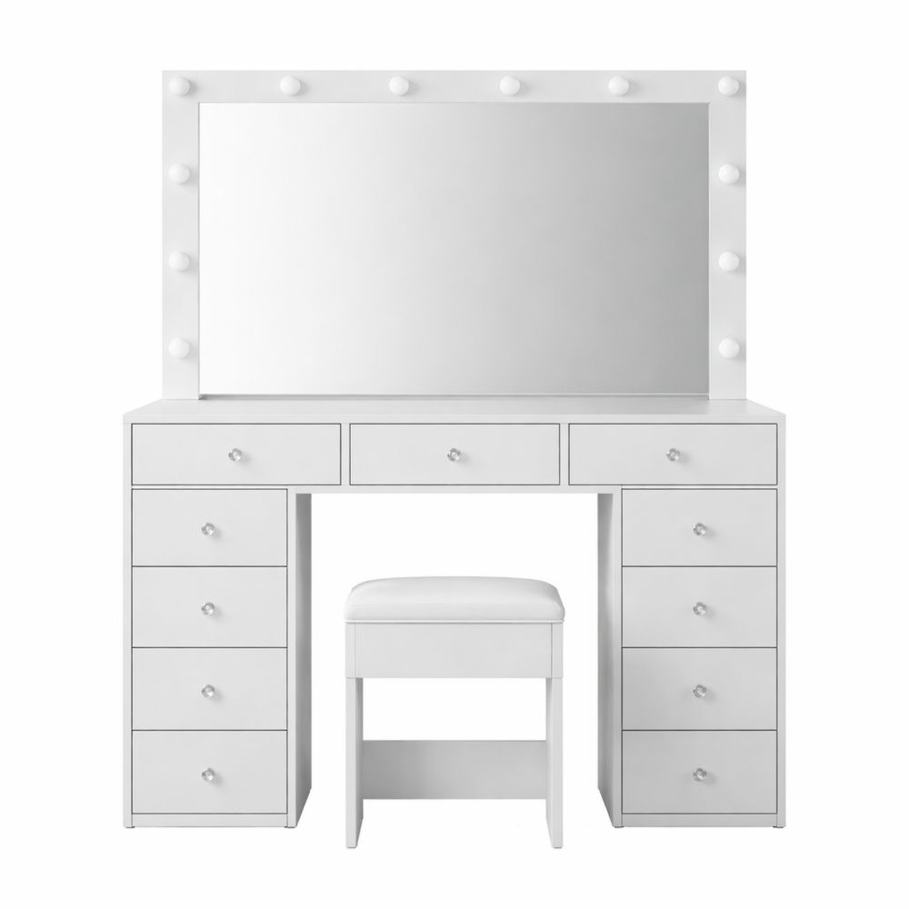 Kosmetiktisch mit beleuchtetem Spiegel und Hocker, 11 Schubladen, Glasoberfläche, 12 LED-Leuchten, 3 Lichtvarianten, integrierte Steckdose