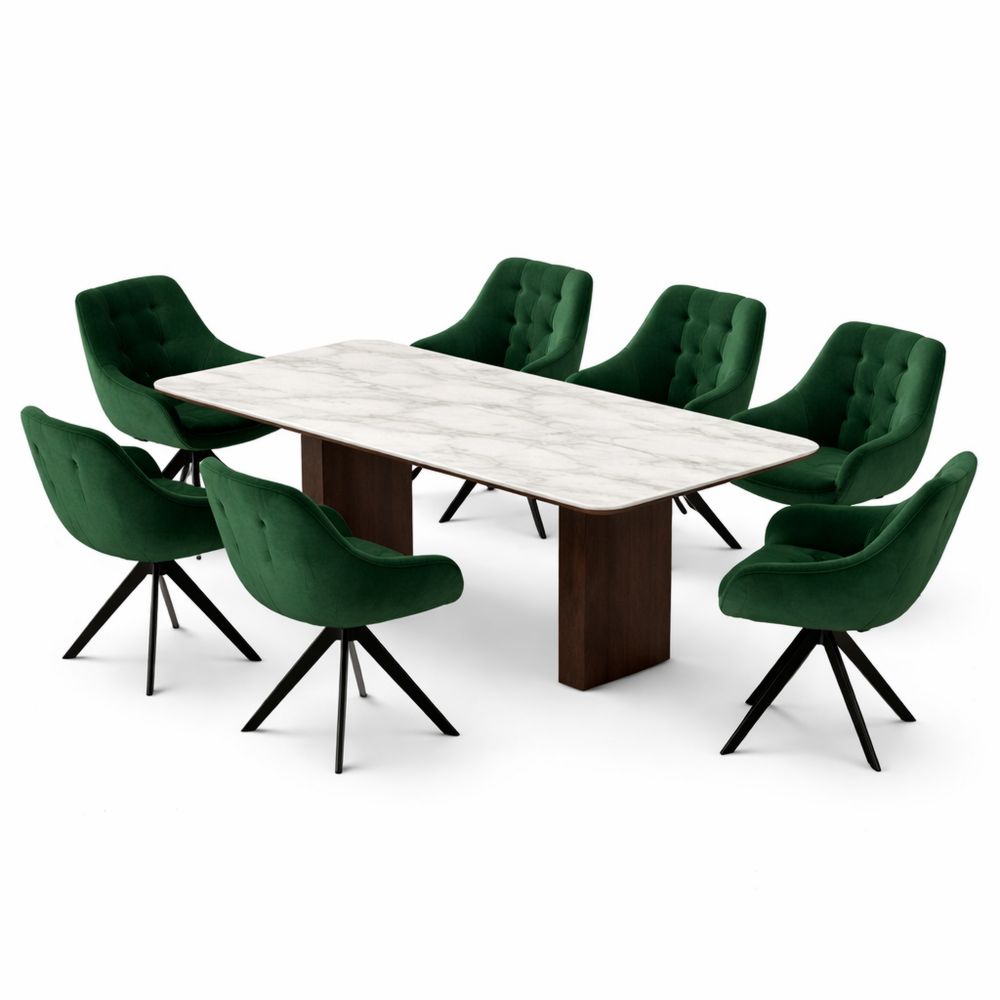 6er Set drehbare Esszimmerstühle mit Armlehnen und Rückenlehne, weicher Florstoff, Metallrahmen, Grün