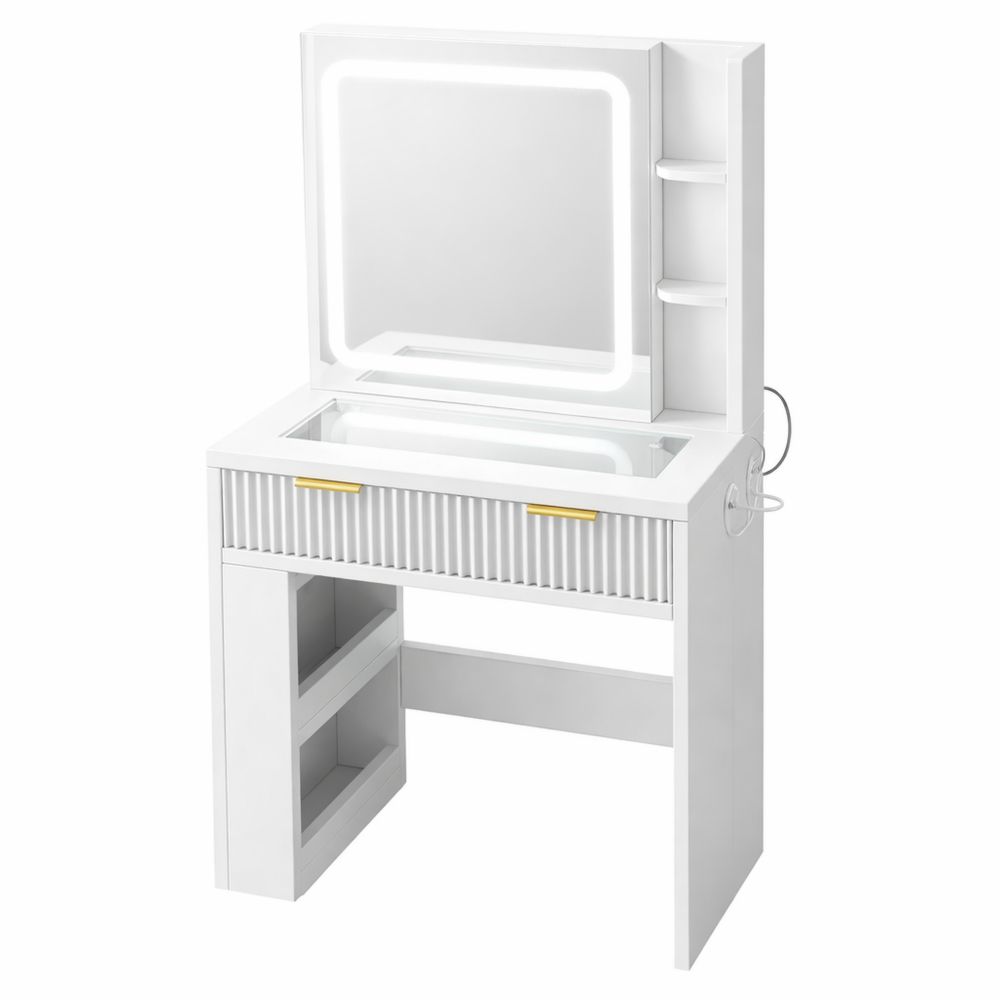 Kosmetiktisch mit LED-Beleuchtung und Steckdose, Make-up-Tisch mit Glasplatte und Stauraum, Weiß