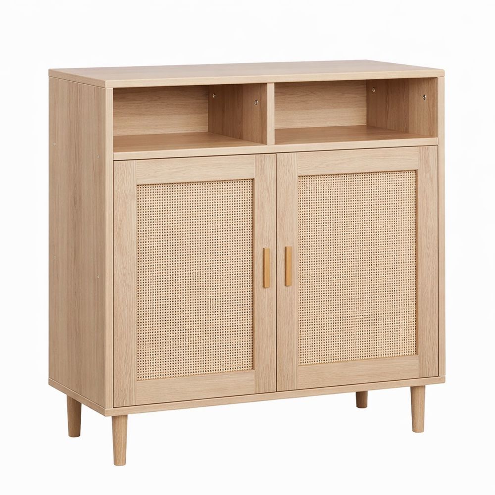 Rattansideboard mit offenen Fächern und Türen, Holzkommode, vielseitiger Aufbewahrungsschrank