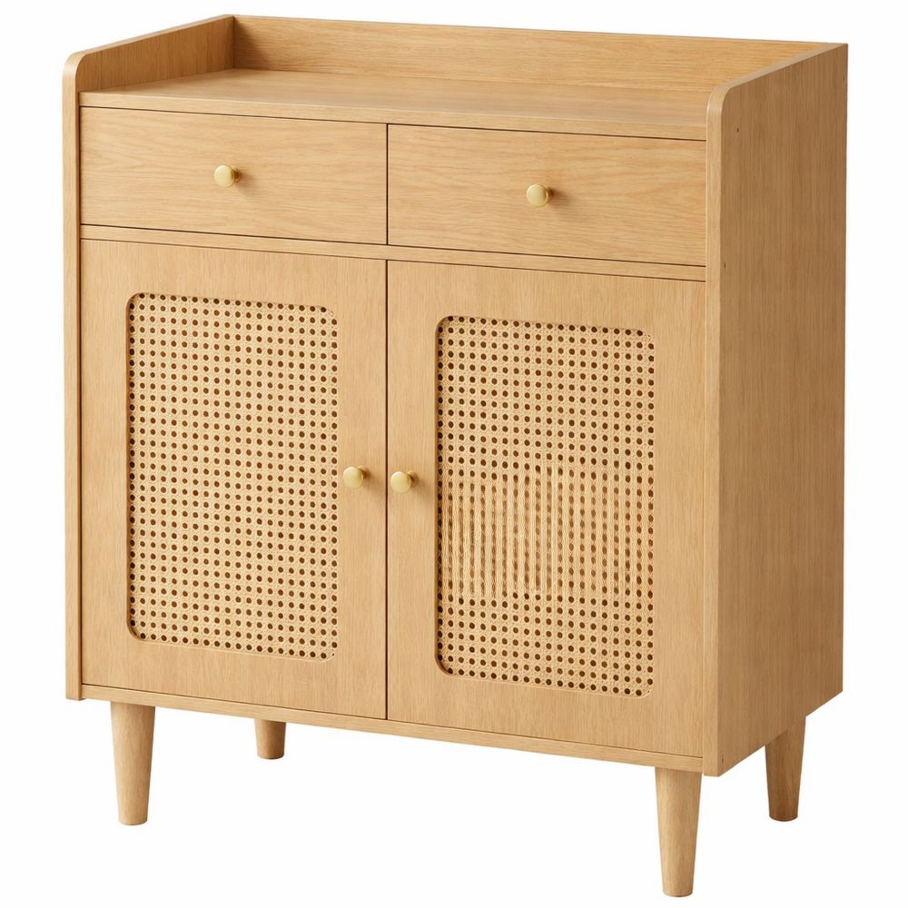 Sideboard mit Rattandekor, Aufbewahrungsschrank mit Schubladen und verstellbaren Einlegeböden, Boho-Stil, für Esszimmer, eichenbeige