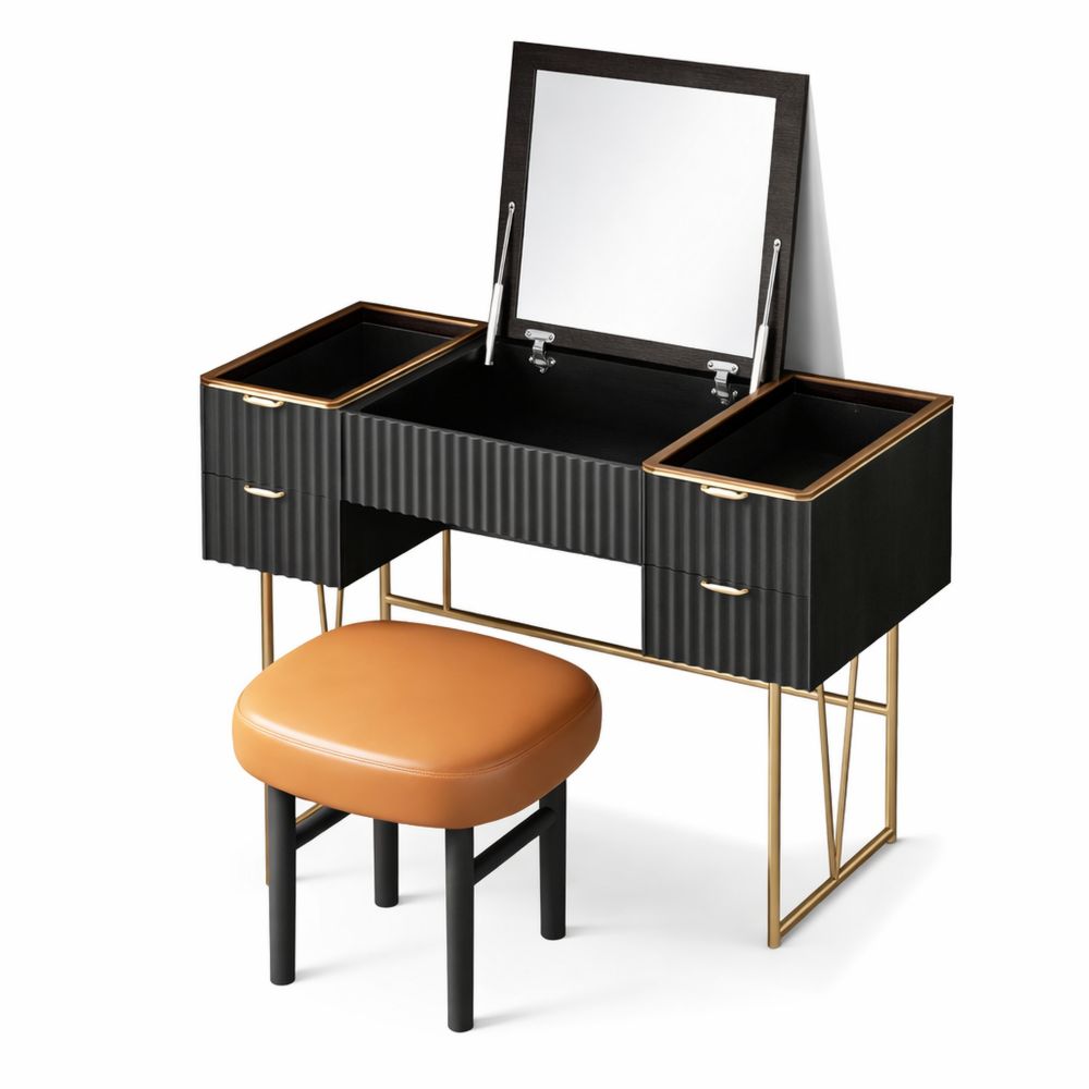 Moderner Schminktisch mit klappbarem Spiegel und Hocker, verstecktem Stauraum, einfache Montage