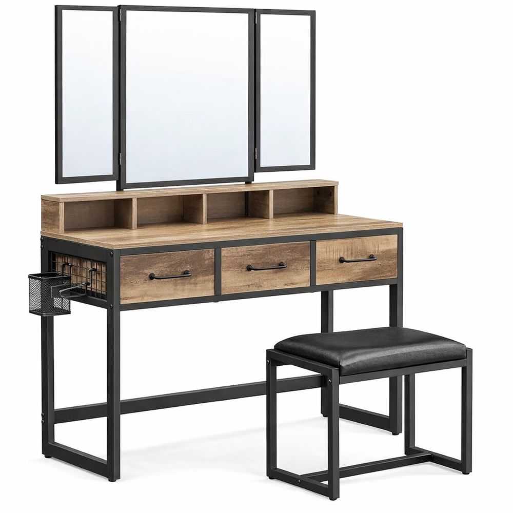 Kosmetiktisch mit Spiegel und Hocker, 3 Schubladen, Haartrocknerhalter, Eichenbraun-Schwarz