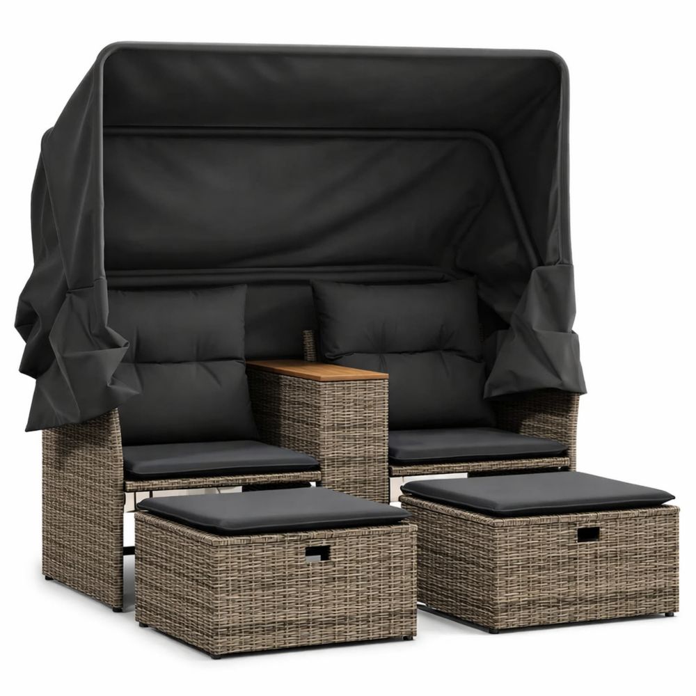 Ausziehbares Rattan-Sofa mit Dach und Hocker für Außenbereiche