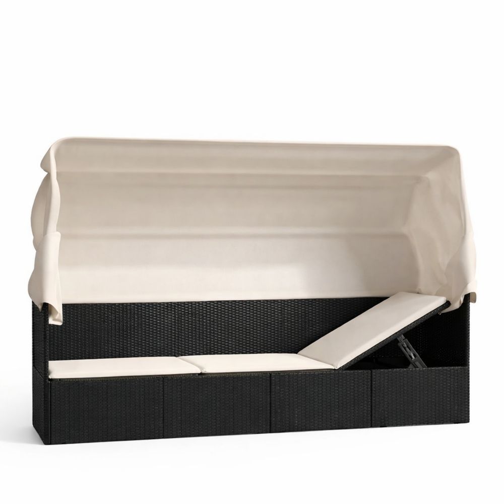 Schwarzes Garten-Loungebett mit Dach und Kissen aus Polyrattan