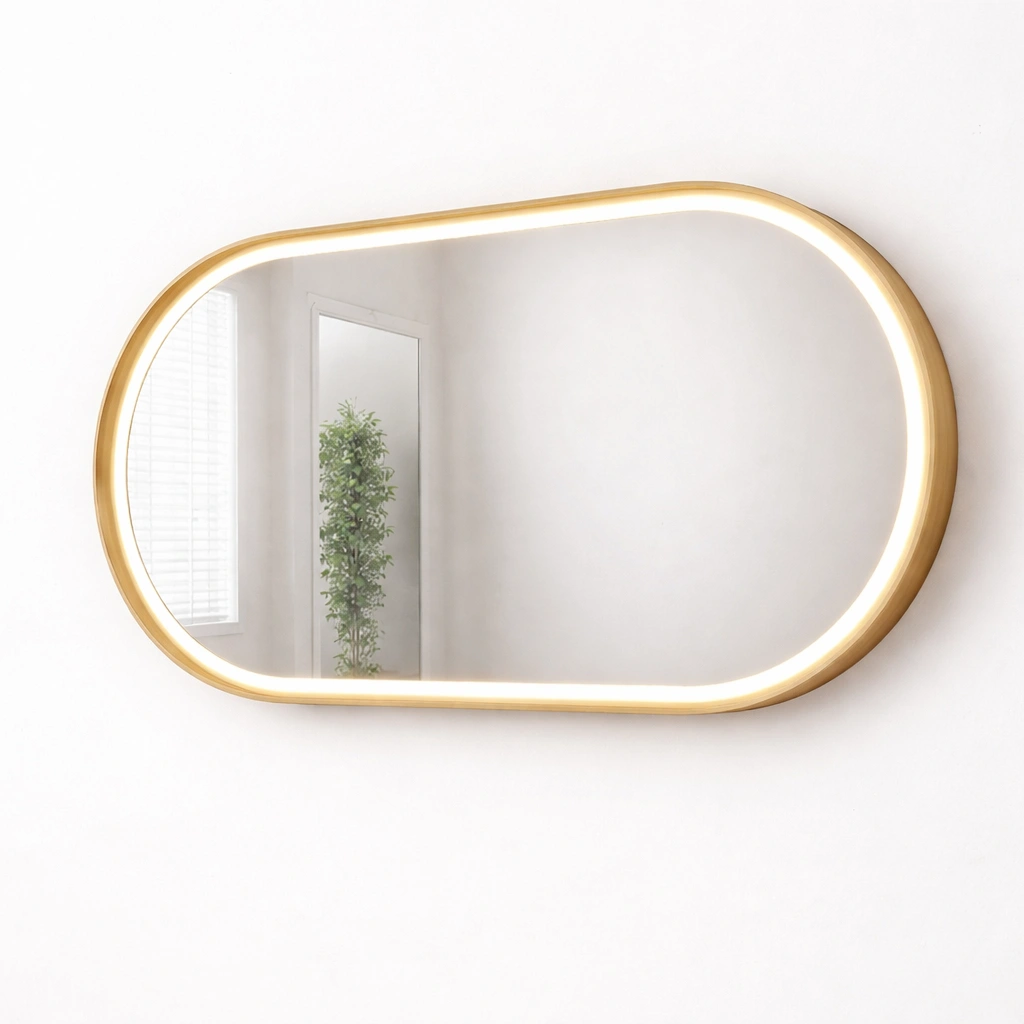 Espejo LED de pared forma ovalada color dorado moderno para bano-ferlnova