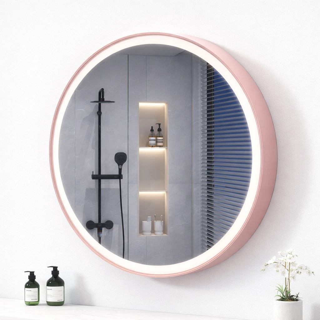 Espejo LED redondo color rosa suave moderno para bano-ferlnova