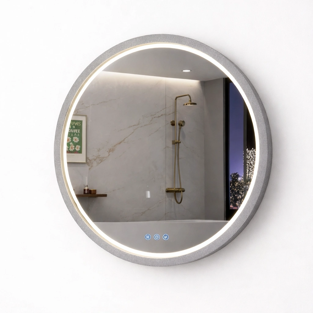 Espejo LED redondo color gris moderno con control tactil-ferlnova