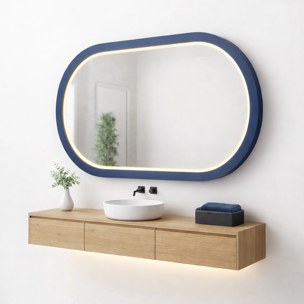 Espejo LED rectangular ovalado color azul moderno para bano-ferlnova