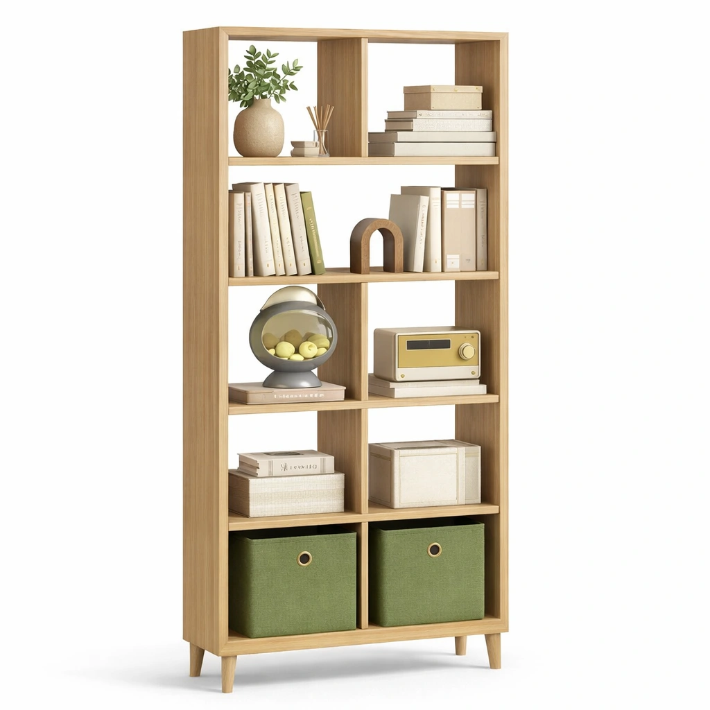 Estanteria de madera moderna color natural con multiples compartimentos-ferlnova