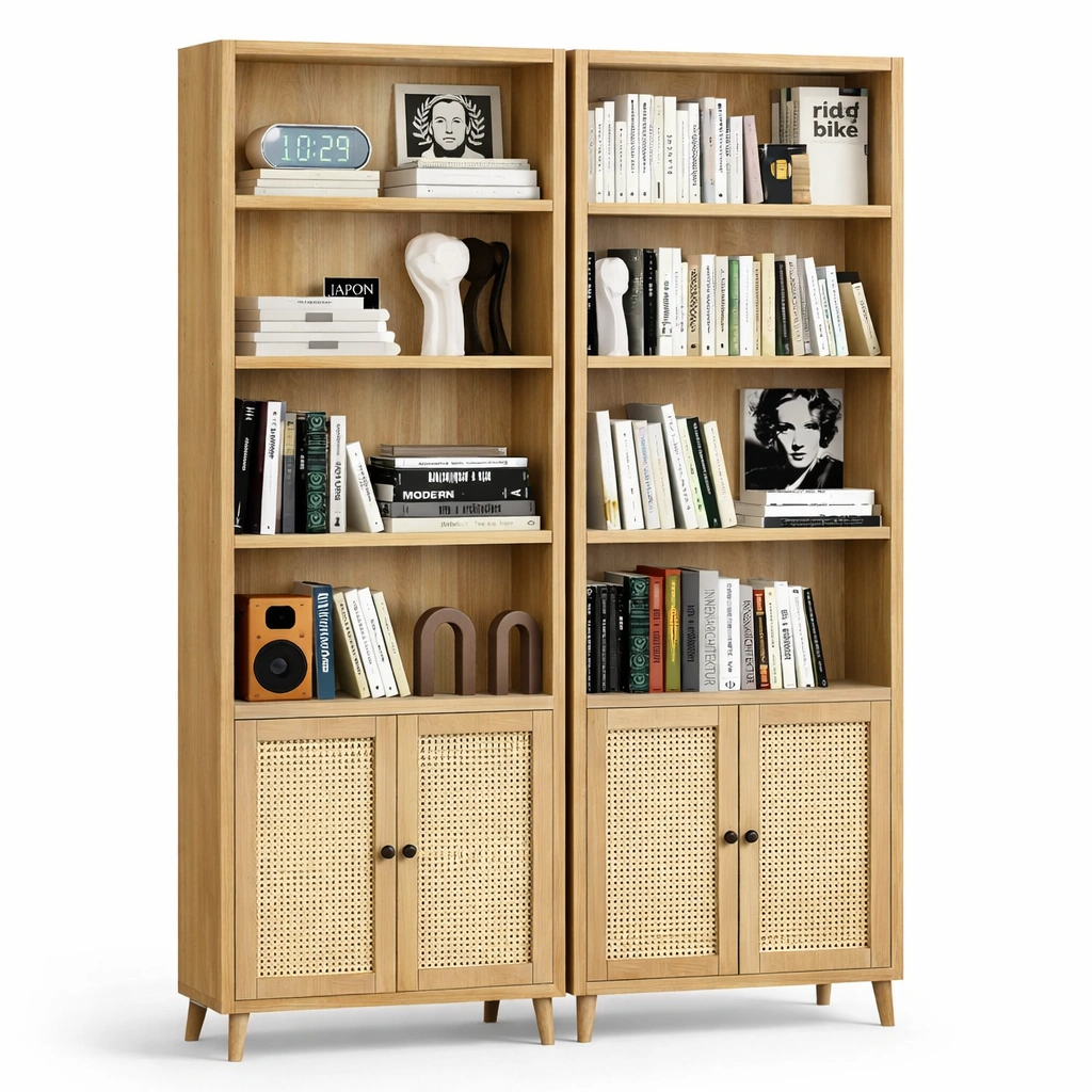 Librero doble de madera con puertas inferiores estilo moderno-ferlnova