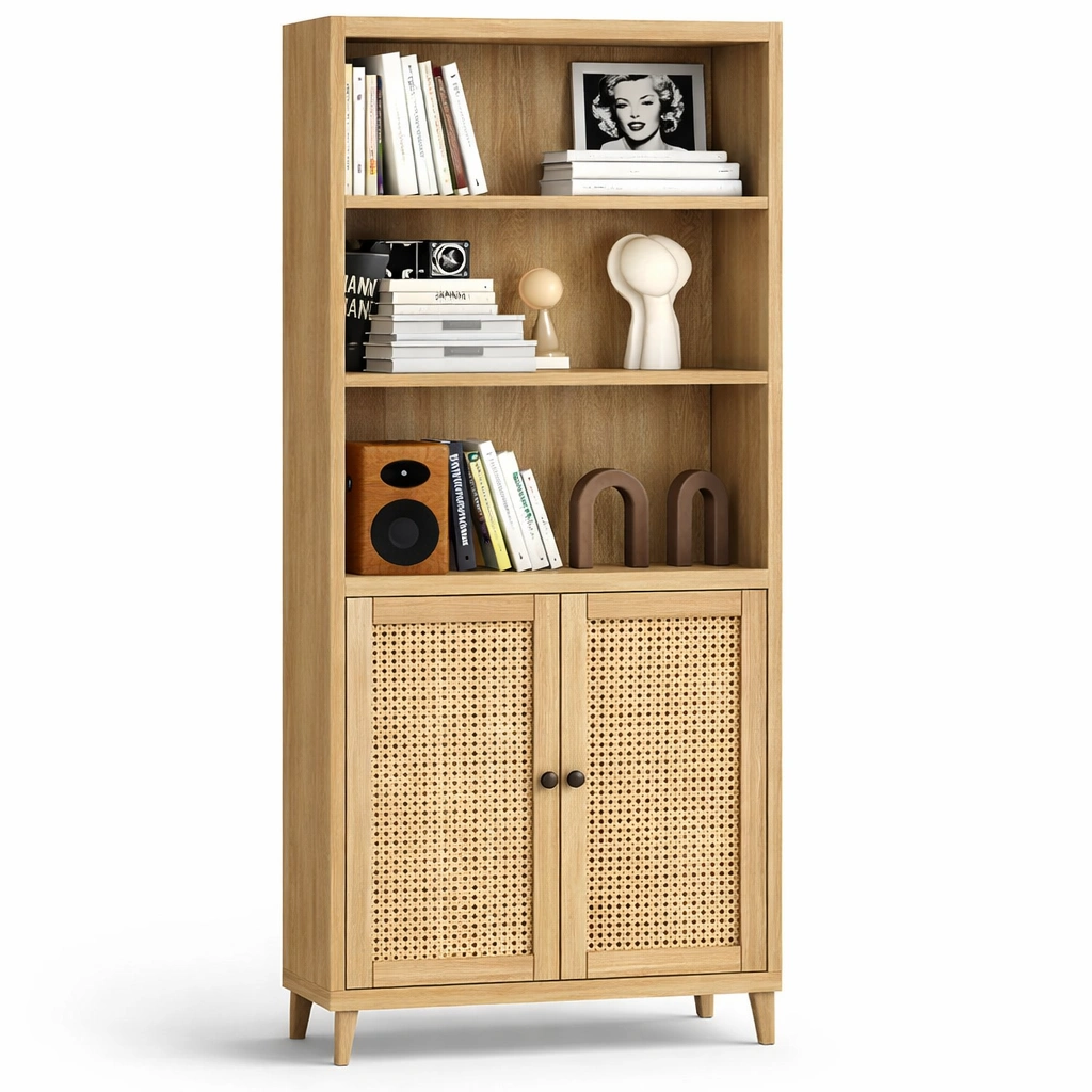 Estanteria de madera con puertas de rejilla estilo natural moderno-ferlnova