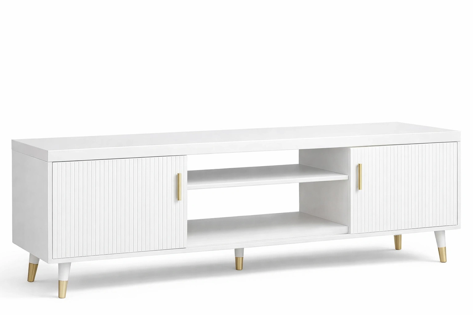 Mueble TV moderno color blanco con almacenamiento y estantes abiertos-ferlnova