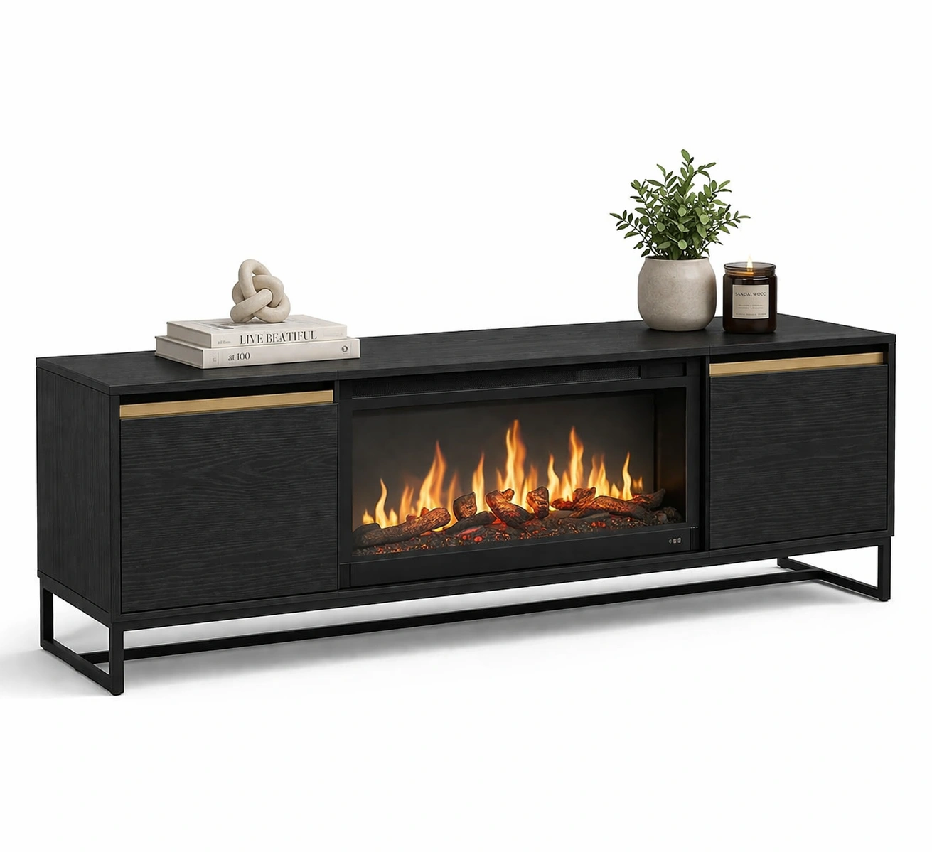 Mueble TV con chimenea electrica color negro estilo moderno-ferlnova