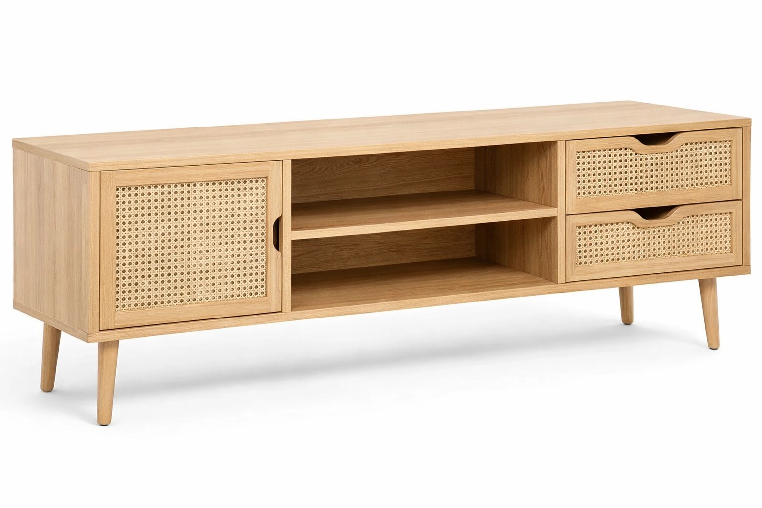 Mueble TV de madera con puertas de ratan estilo natural moderno-ferlnova