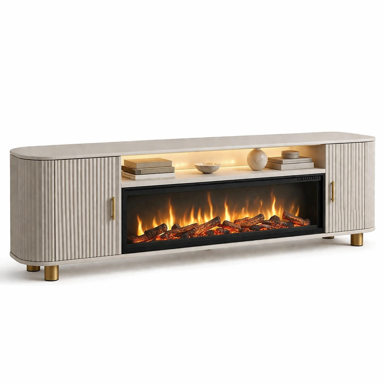 Mueble TV con chimenea electrica color beige moderno con luz LED-ferlnova