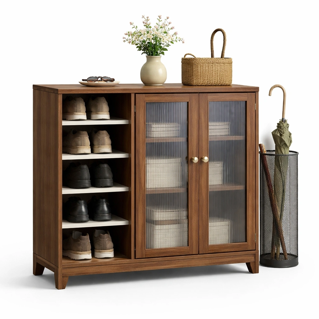 Mueble zapatero madera con puertas vidrio set 1 unidad-ferlnova