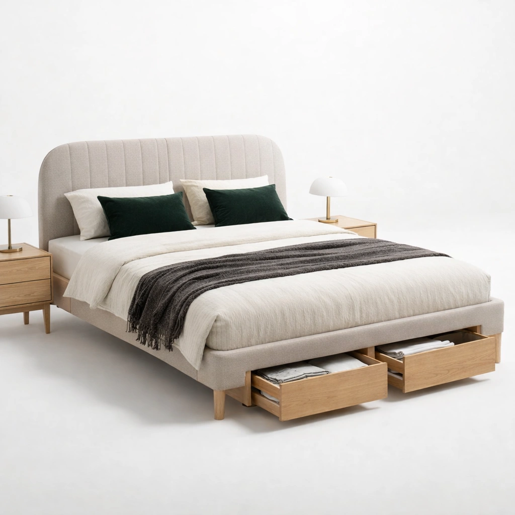 Letto design elegante beige con testiera a conchiglia e cassetti-iravor