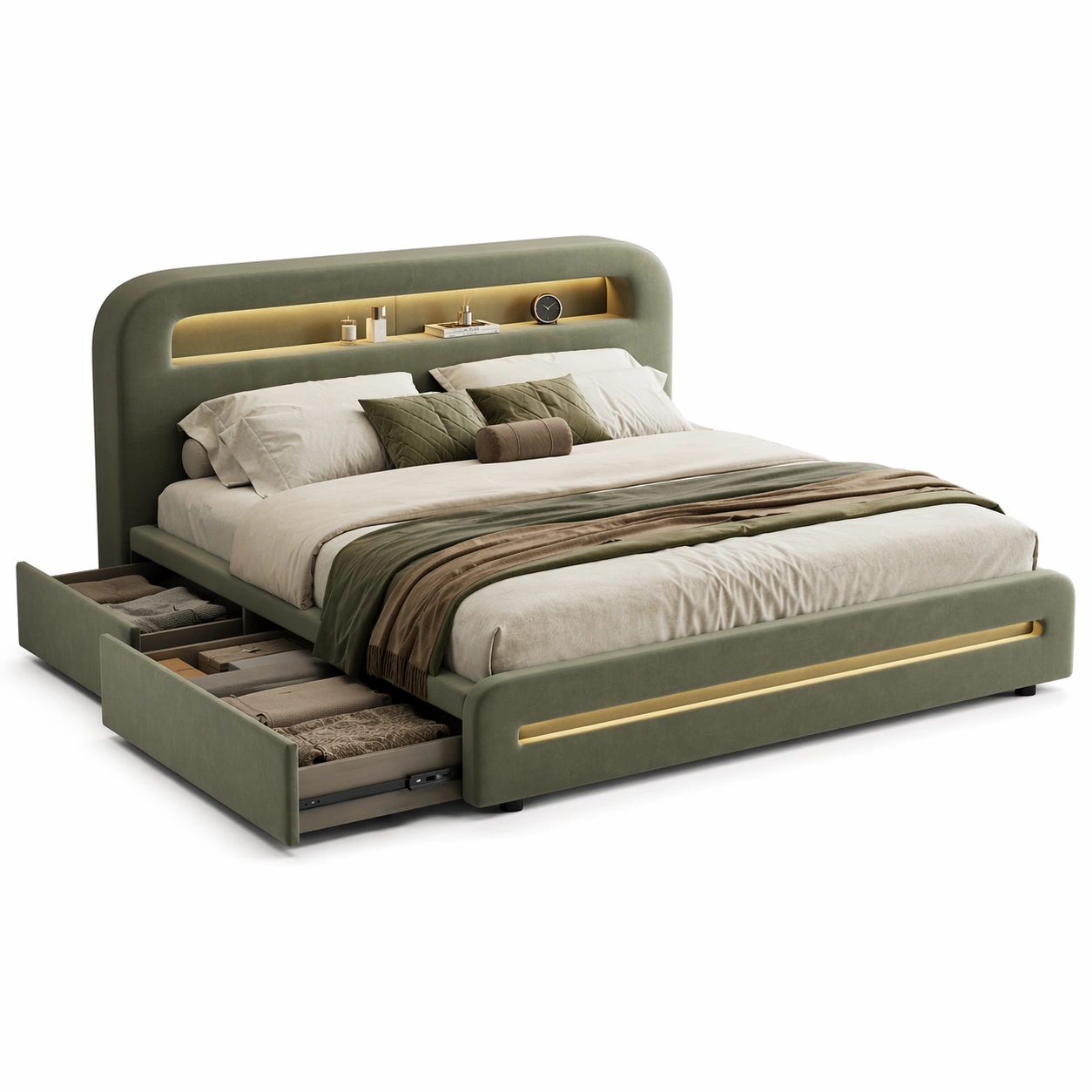 Letto imbottito blu con cassetti contenitori moderni-iravor