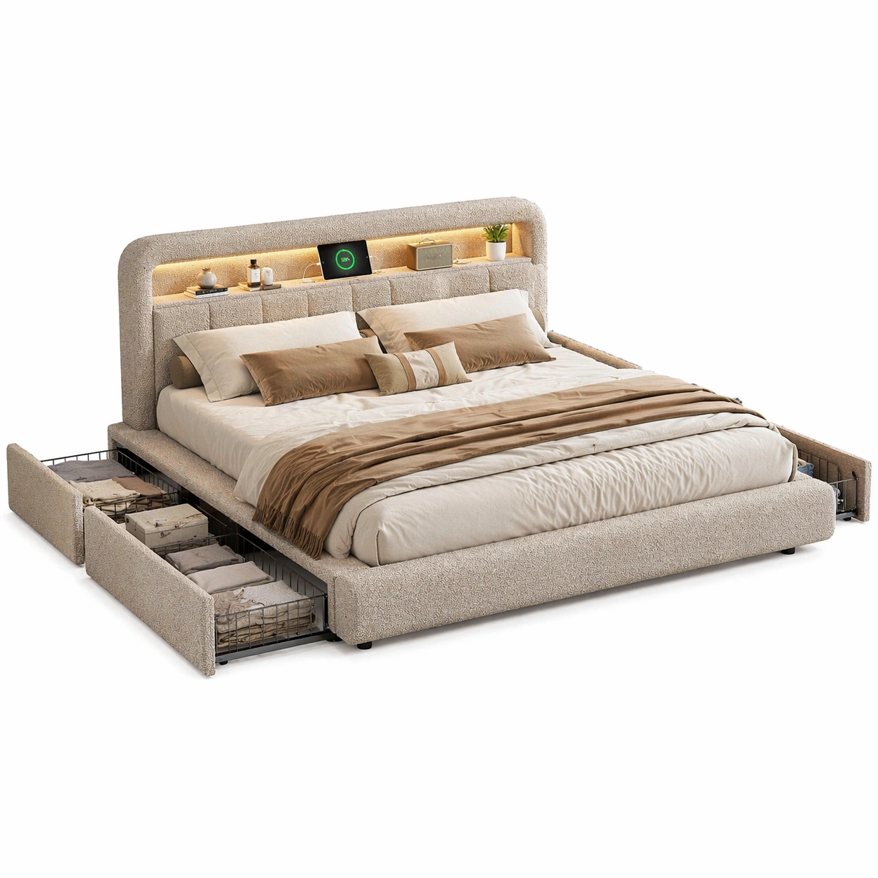 Letto imbottito verde scuro con struttura moderna e contenitori-iravor