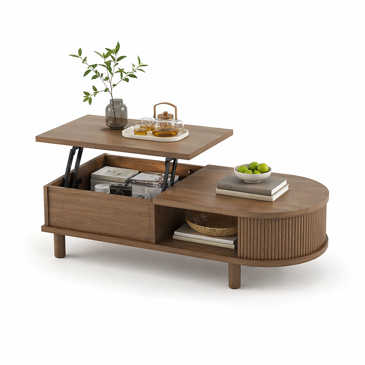 Tavolino da salotto rotondo marrone con struttura in metallo e ripiano doppio-iravor